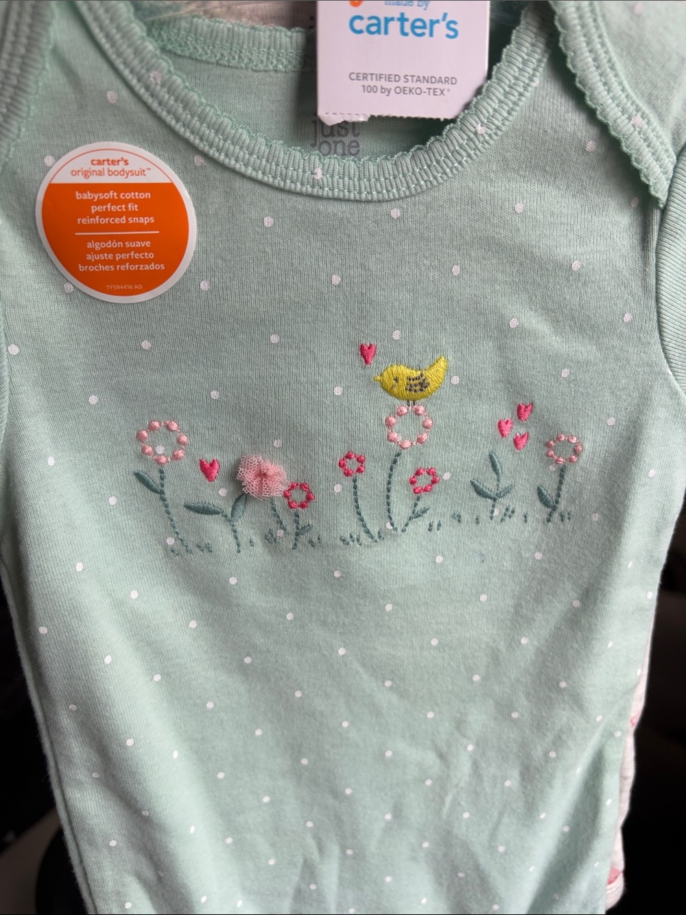 Carter's Mint Green Floral Embroidered Baby Bodysuit - Picture 2 of 6